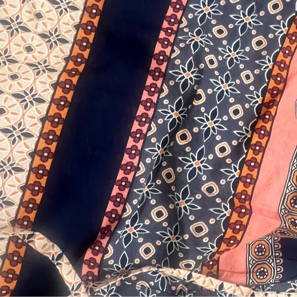 Loft NWT Navy Rust Orange Puff Sleeve Tie Neck Boho Blouse - Picture 5 of 8